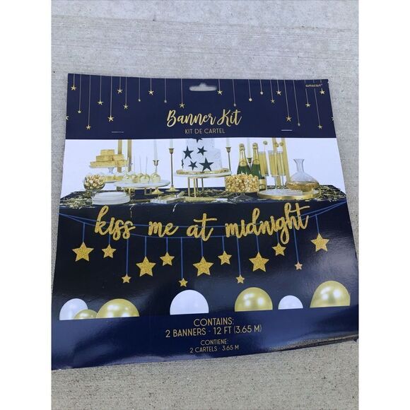 NEW YEAR'S EVE BANNER "Kiss Me at Midnight" 12 ft. Long Each. Contains 2 - Picture 1 of 7